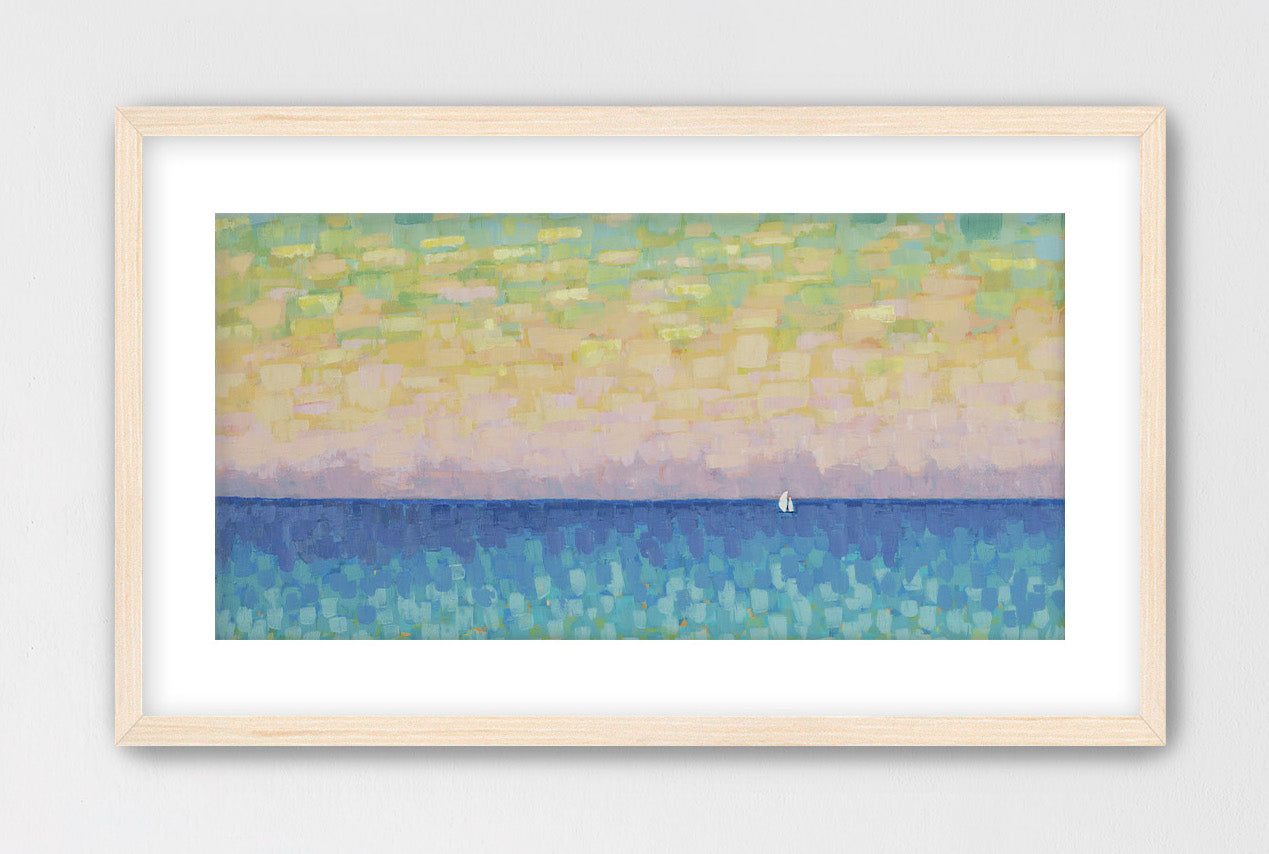 Pastel sunset panorama with small white sailboat