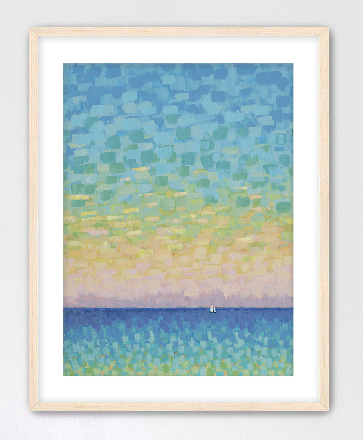 Vertical ocean horizon artwork in soft pastel tones