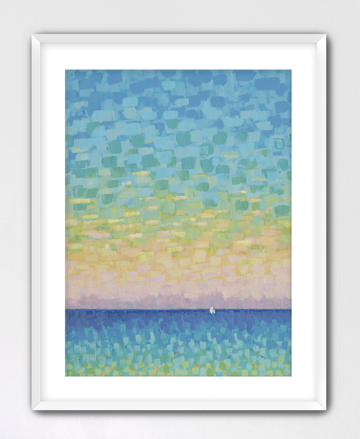 Coastal décor print featuring peaceful sailboat at sea