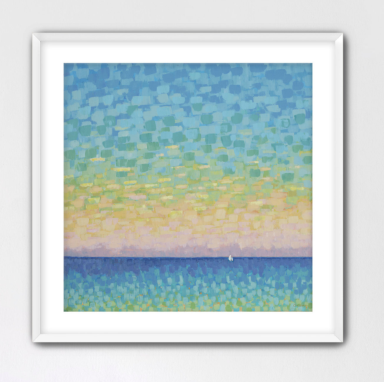 A serene sailboat gliding into the horizon beneath a mosaic of sunset colors — Sunset Sail by Martha Brane, fine art giclée print symbolizing peace and freedom