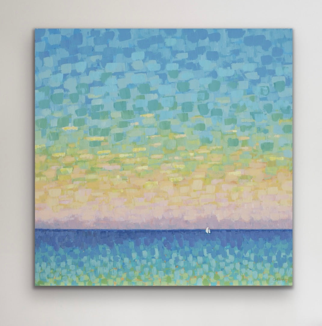 Single sailboat near the horizon in Sunset Sail, symbolizing freedom and journey.
