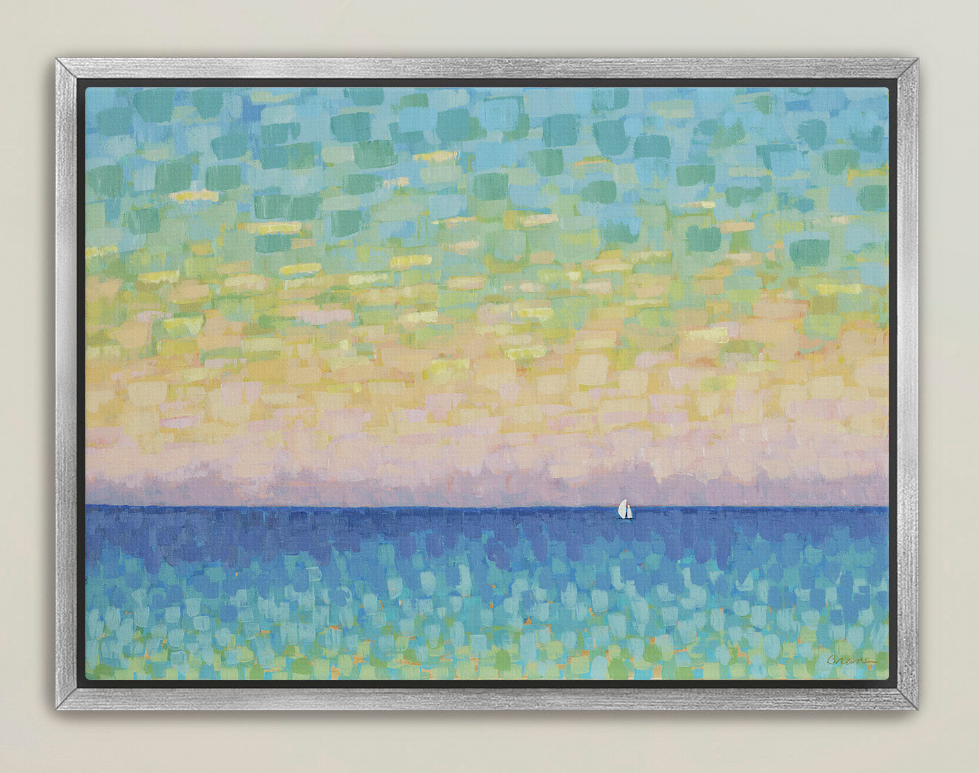 Framed horizontal seascape canvas in serene modern home