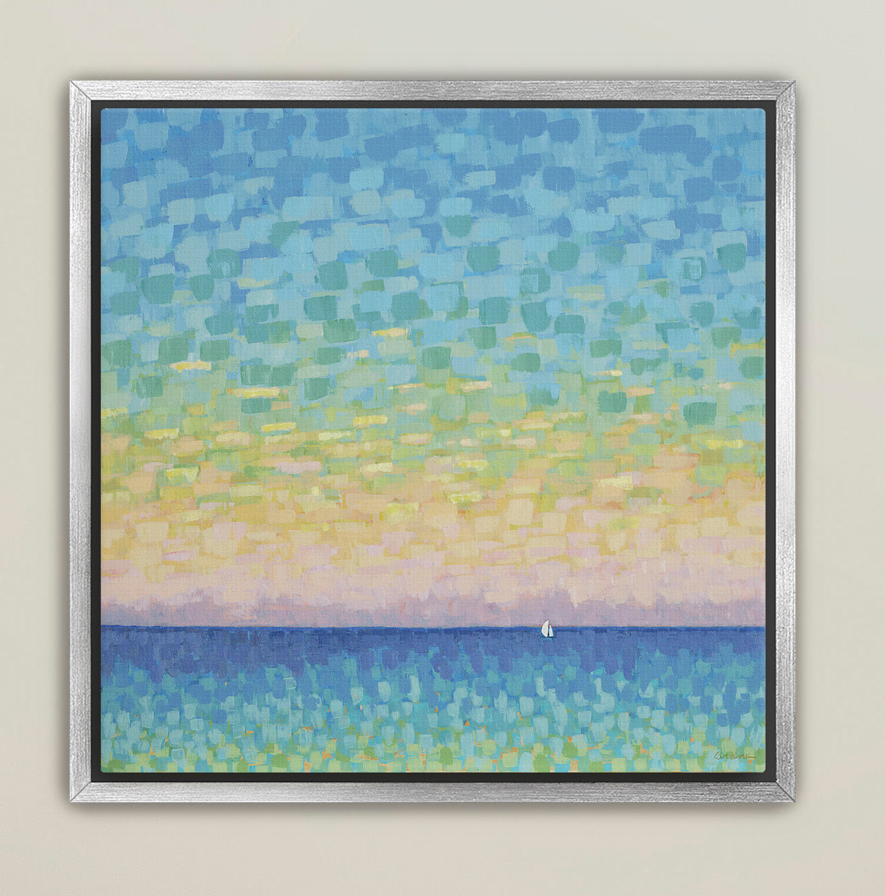 Modern coastal wall art framed with blue ocean and radiant sky