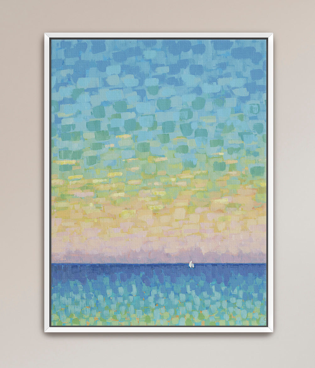 Abstract impressionist sunset sky over blue ocean in vertical format