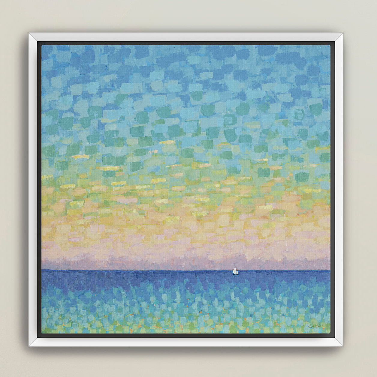 Sunset Sail framed coastal canvas print with pastel mosaic sky