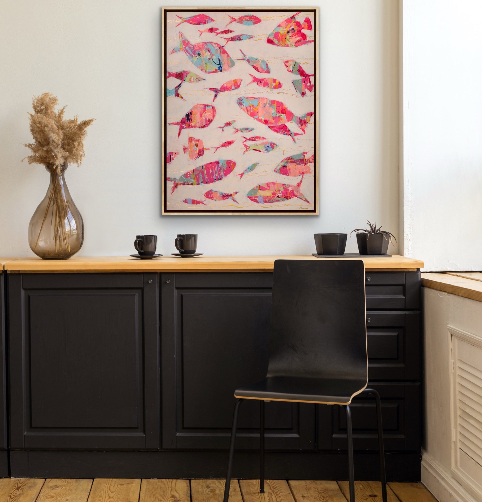 Luxury giclee canvas featuresva school fo fish in harmony represent unity and flow