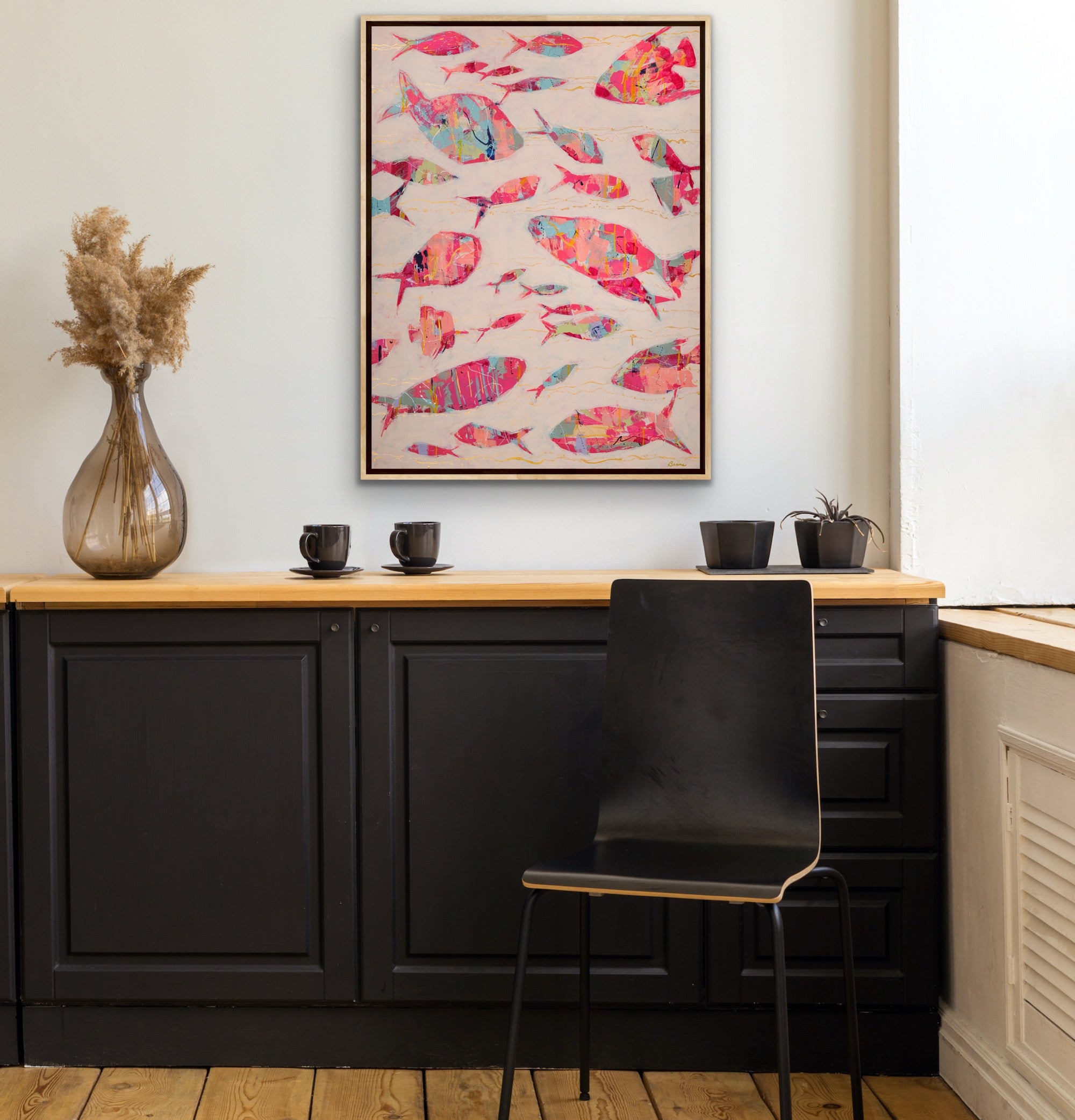 Luxury giclee canvas featuresva school fo fish in harmony represent unity and flow