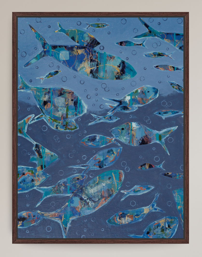 An abstract fish painting in a dark brown wooden frame, featuring blue, teal, and gold textured fish swimming underwater with bubble details.
