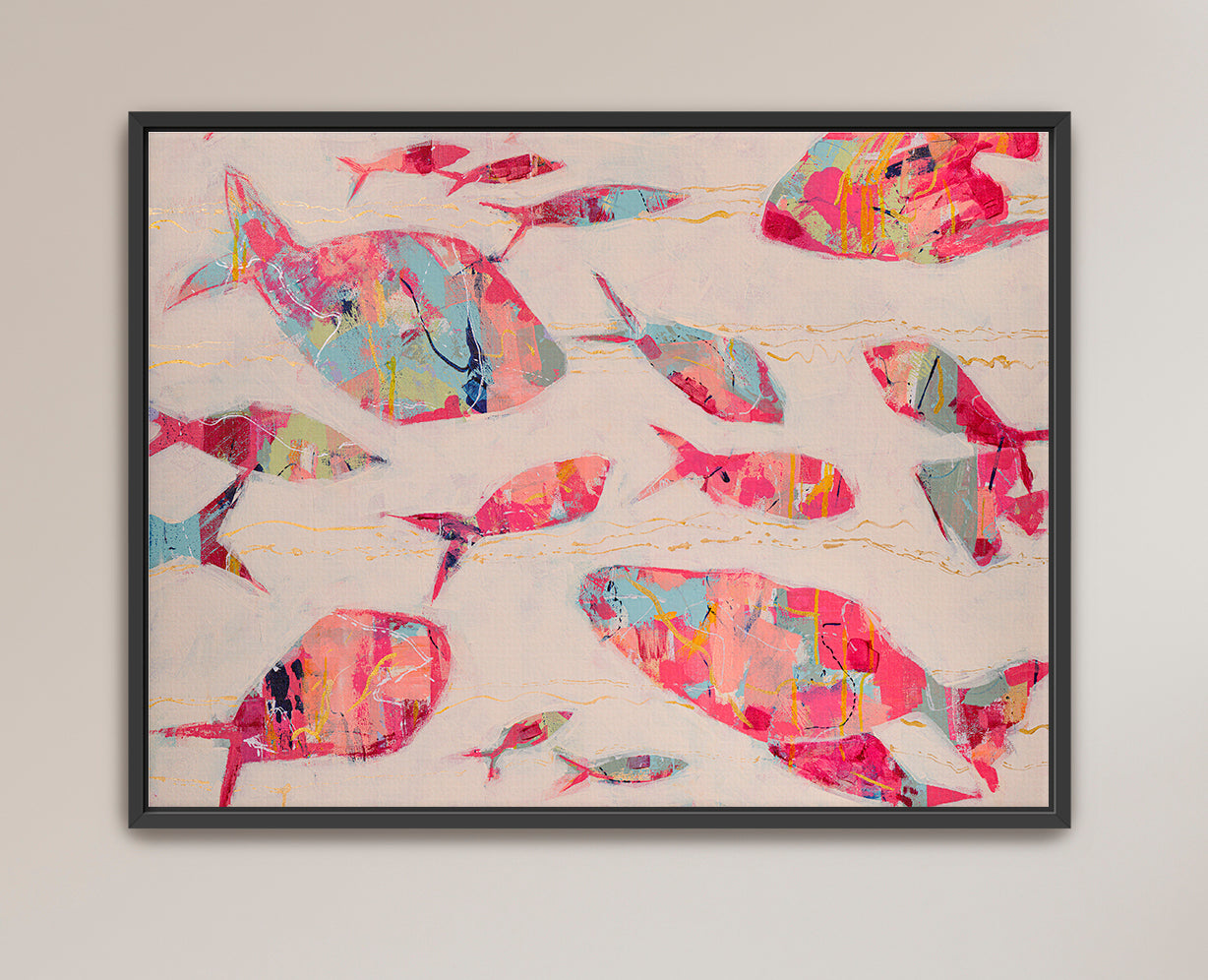 Abstract ocean artwork featuring a collective of fish in pastel tones