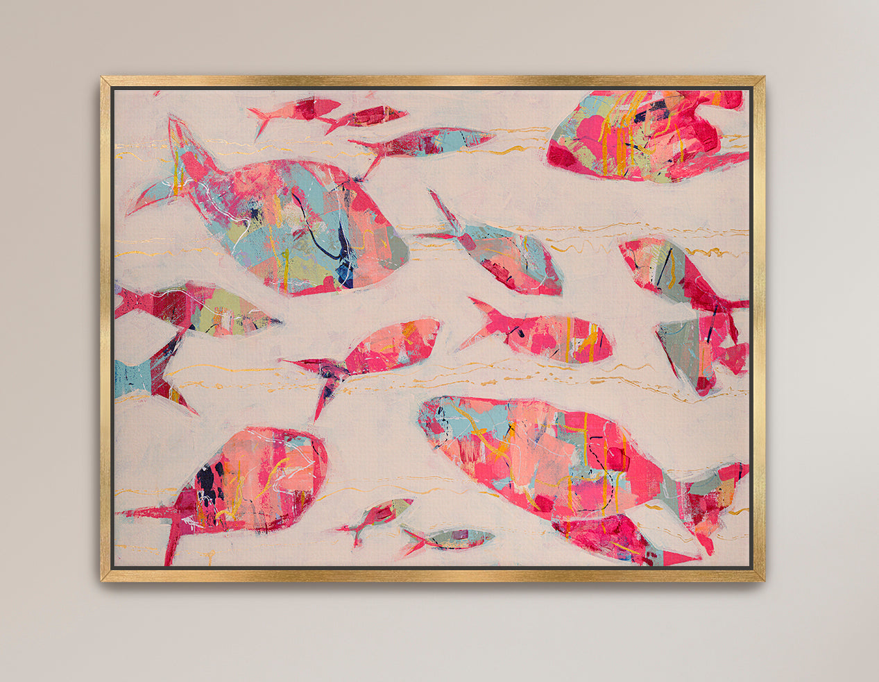 Coastal modern wall art featuring abstract fish in harmonious colors