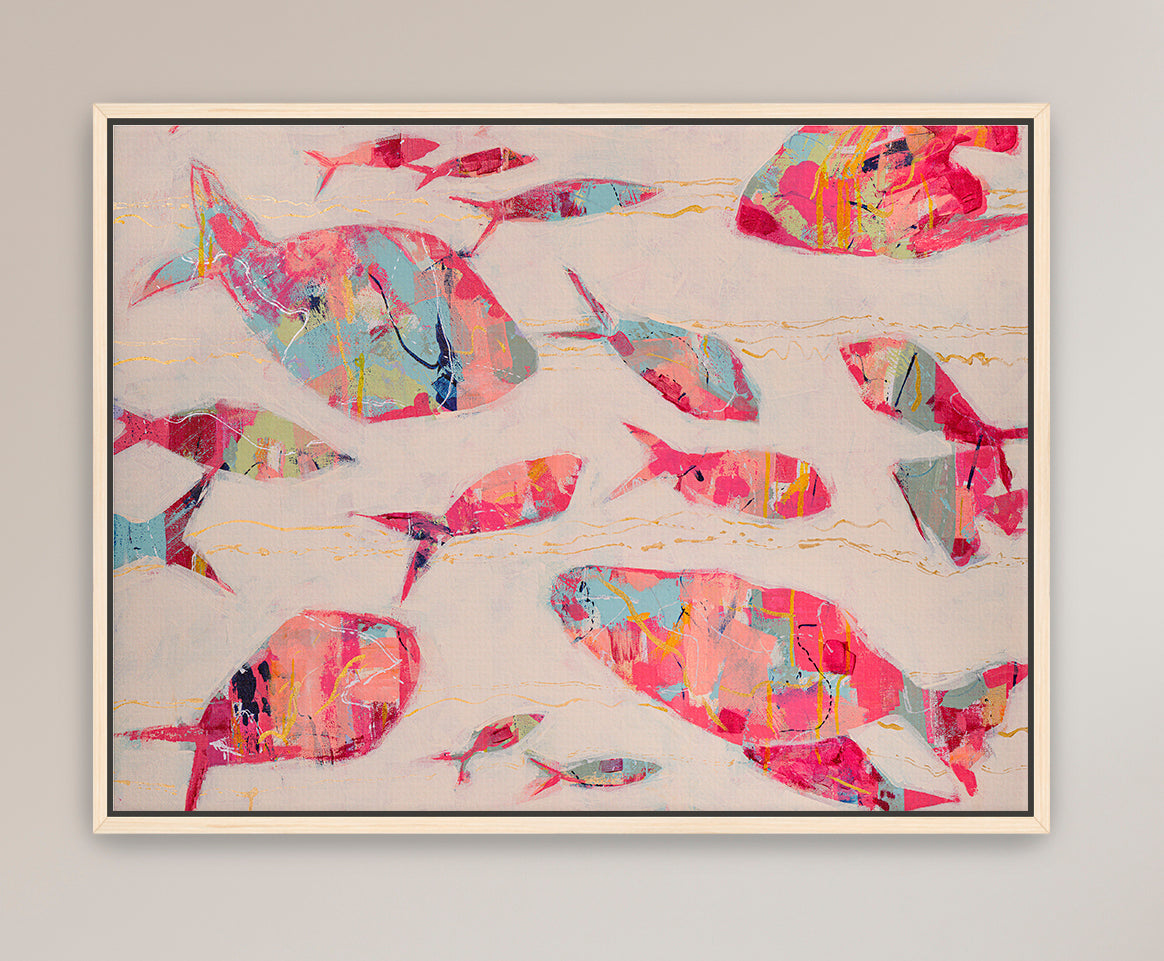 Modern coastal fine art with stylized fish and flowing composition