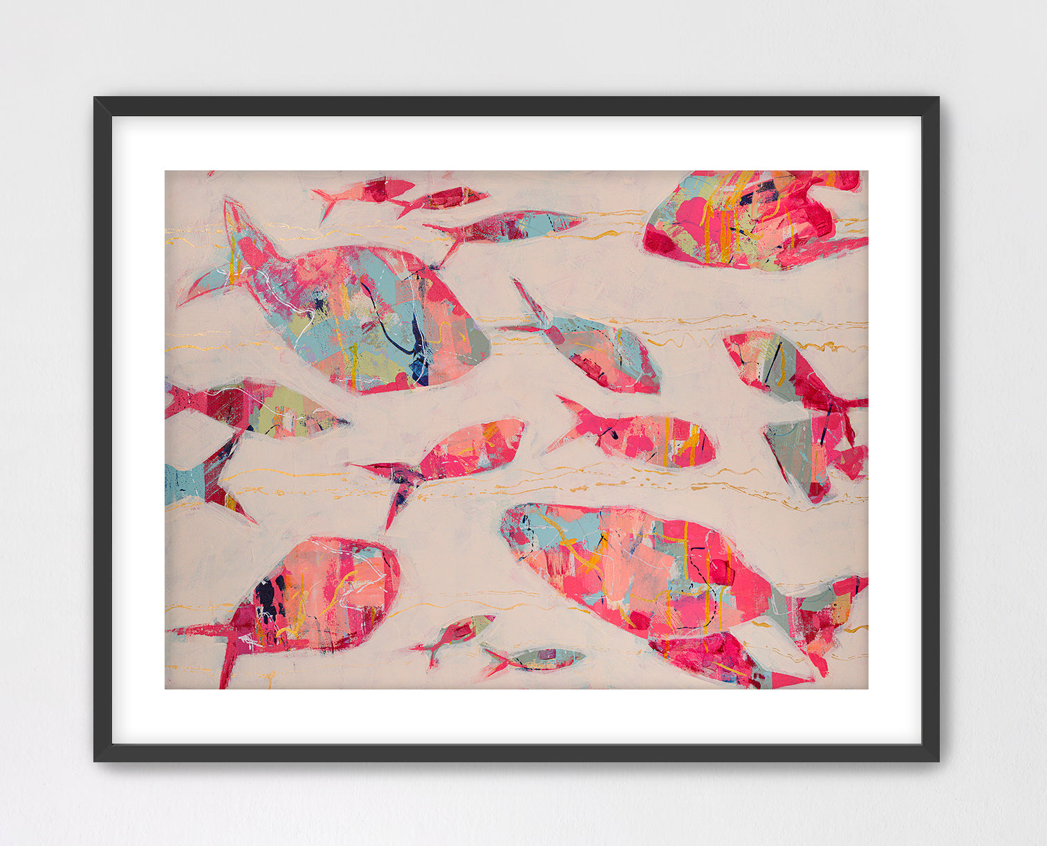 Abstract fish artwork in coral and aqua designed for modern coastal interiors