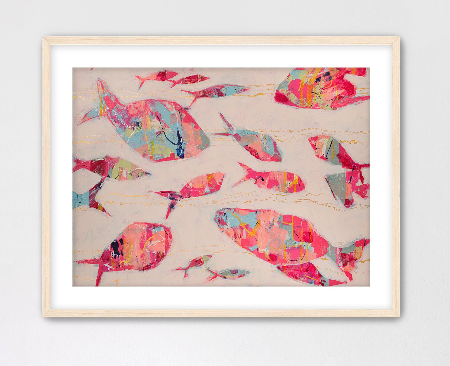 Modern coastal abstract painting featuring stylized fish and layered color