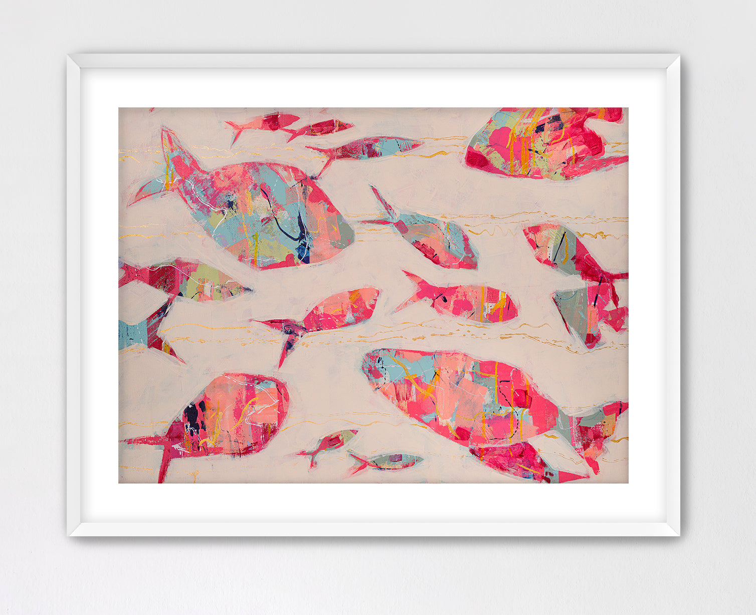 Ocean-inspired abstract fish painting in warm pinks and serene blues