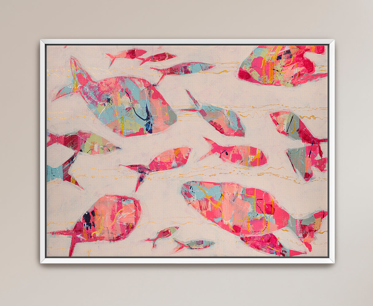 Contemporary fish painting blending coral hues with soft coastal neutrals