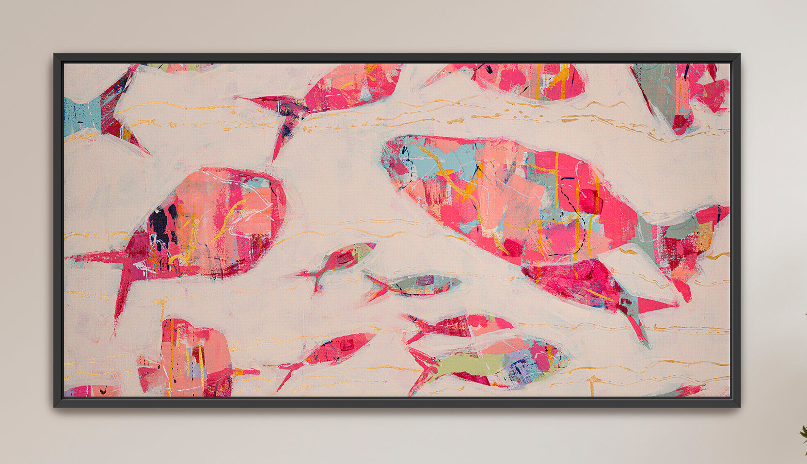 Designer coastal wall art with abstract fish imagery and elegant movement