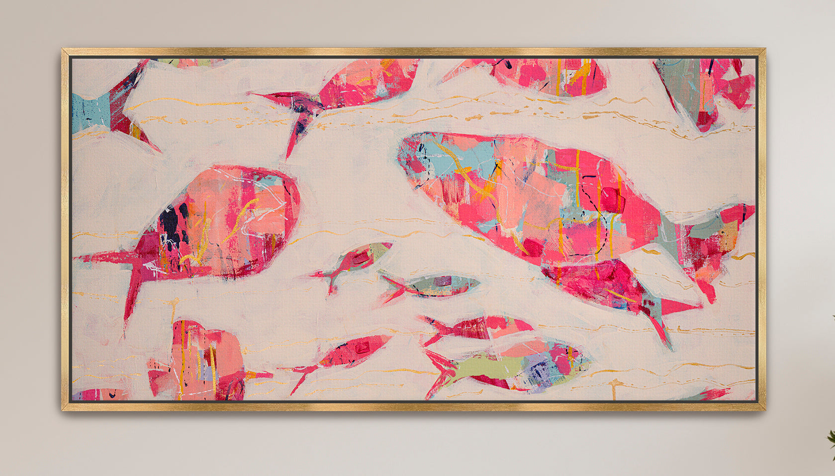 Abstract fish composition blending coral, blush, and teal tones