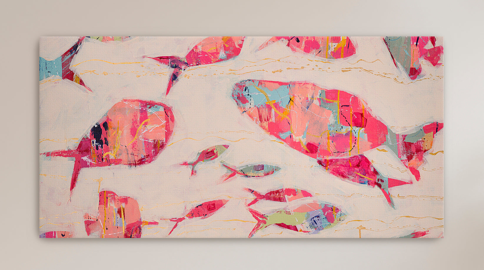 Contemporary coastal fine art featuring a collective of abstract fish