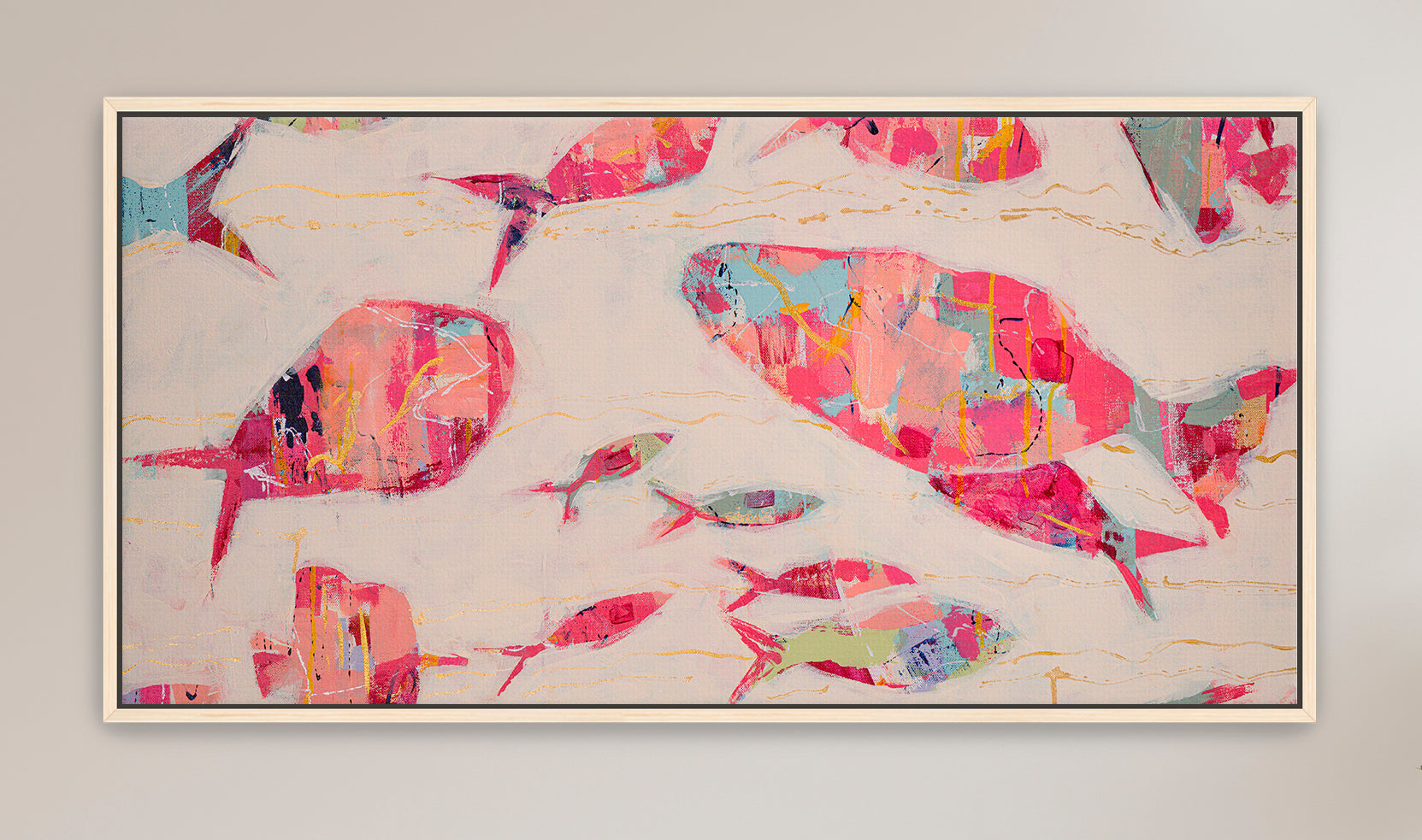 Modern abstract marine artwork with rhythmic fish forms and soft color palette