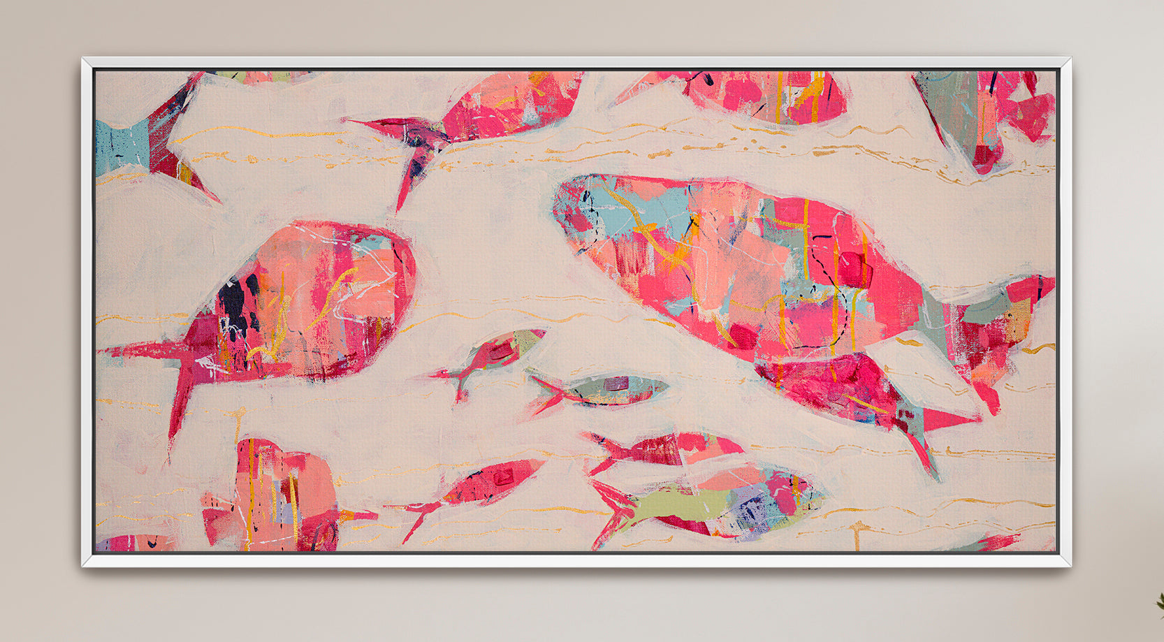 Abstract ocean fish artwork with layered textures and warm coastal colors