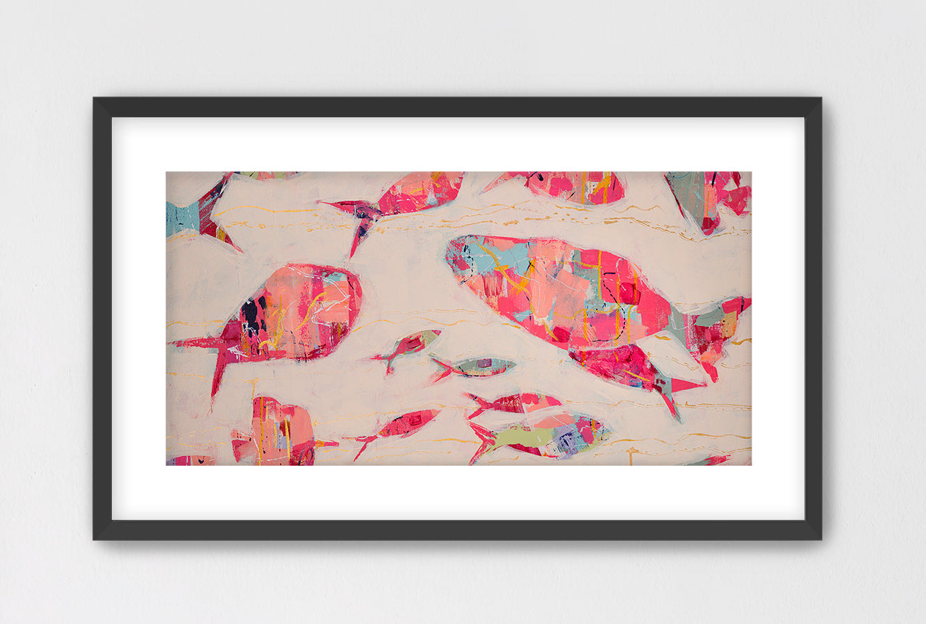 Luxury coastal wall art showcasing a school of abstract fish in soft pastel tones