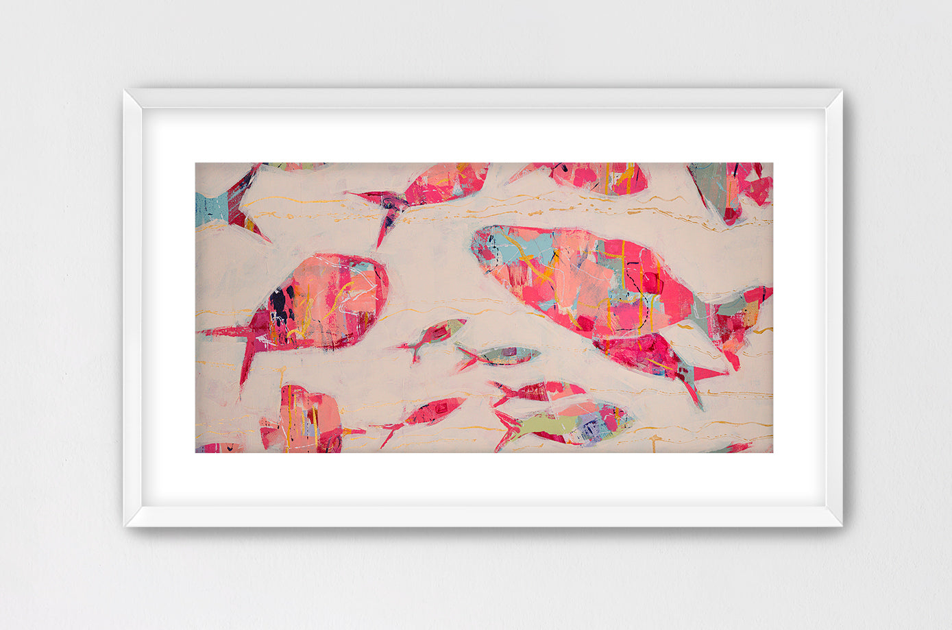 Contemporary marine life painting with abstract fish and flowing composition