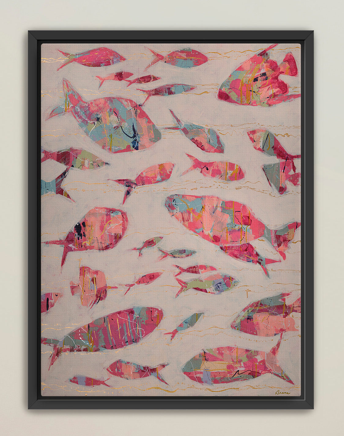 Coastal fish wall art in elegant black frame for designer living rooms