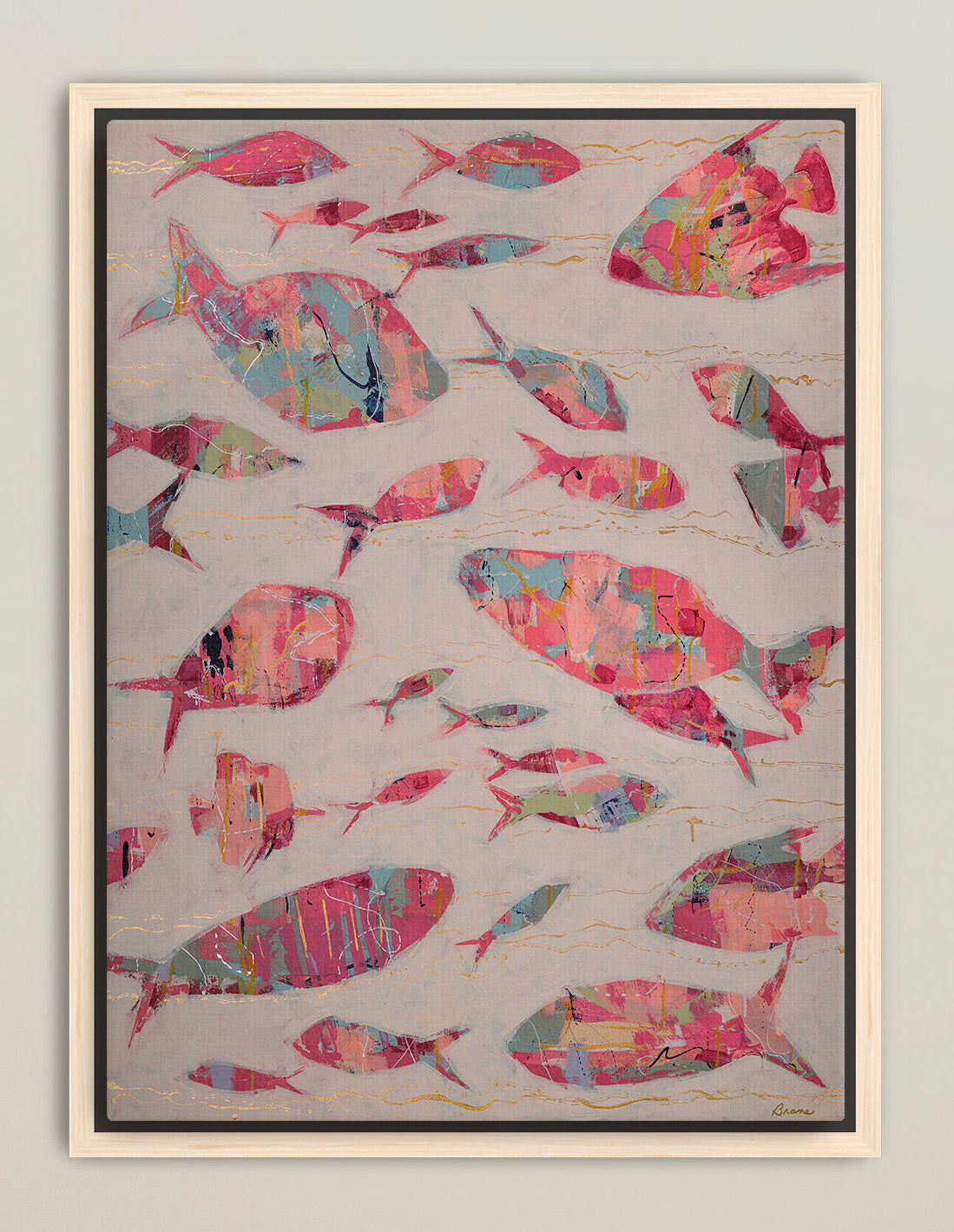 Modern coastal fish canvas print in maple frame for beach home interiors