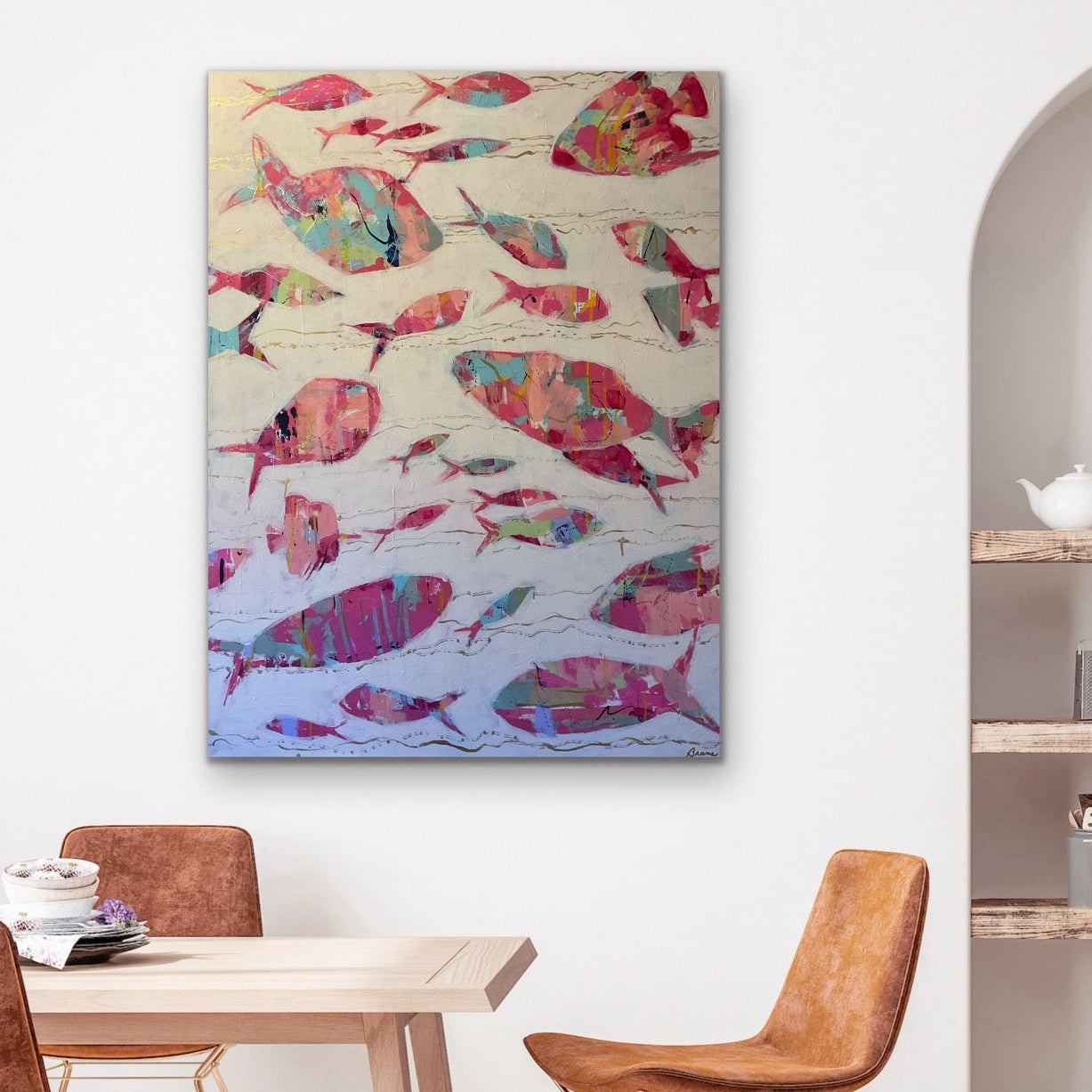 Original 48x36 coastal abstract fish painting titled The Current Collective, featuring layered coral and blue tones with iridescent gold wave lines