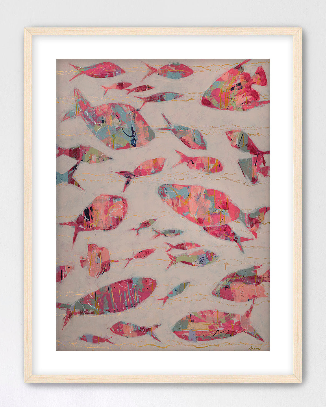 Abstract underwater fish scene in pink, coral, and gold accents