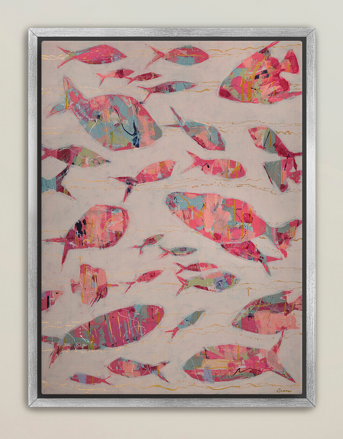 Colorful abstract fish artwork framed for contemporary coastal spaces