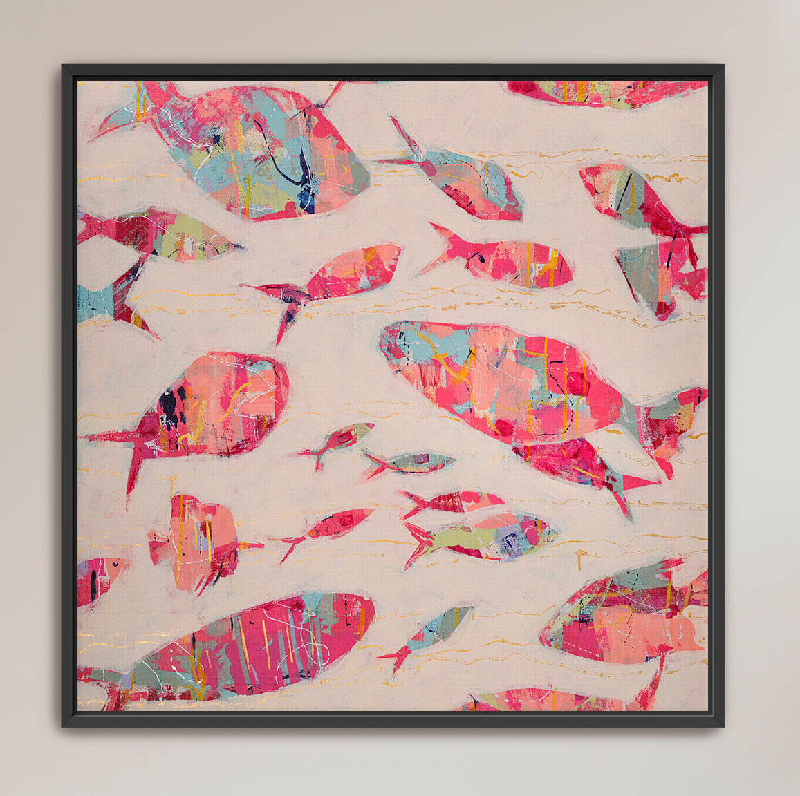 Coastal abstract artwork featuring symbolic fish in pastel coral and blue