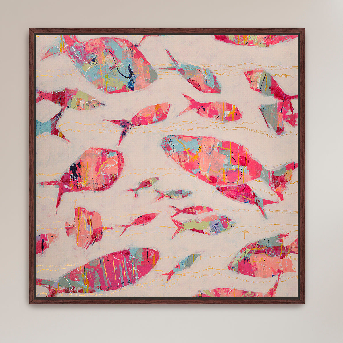 Ocean-themed abstract fish painting with soft neutral background