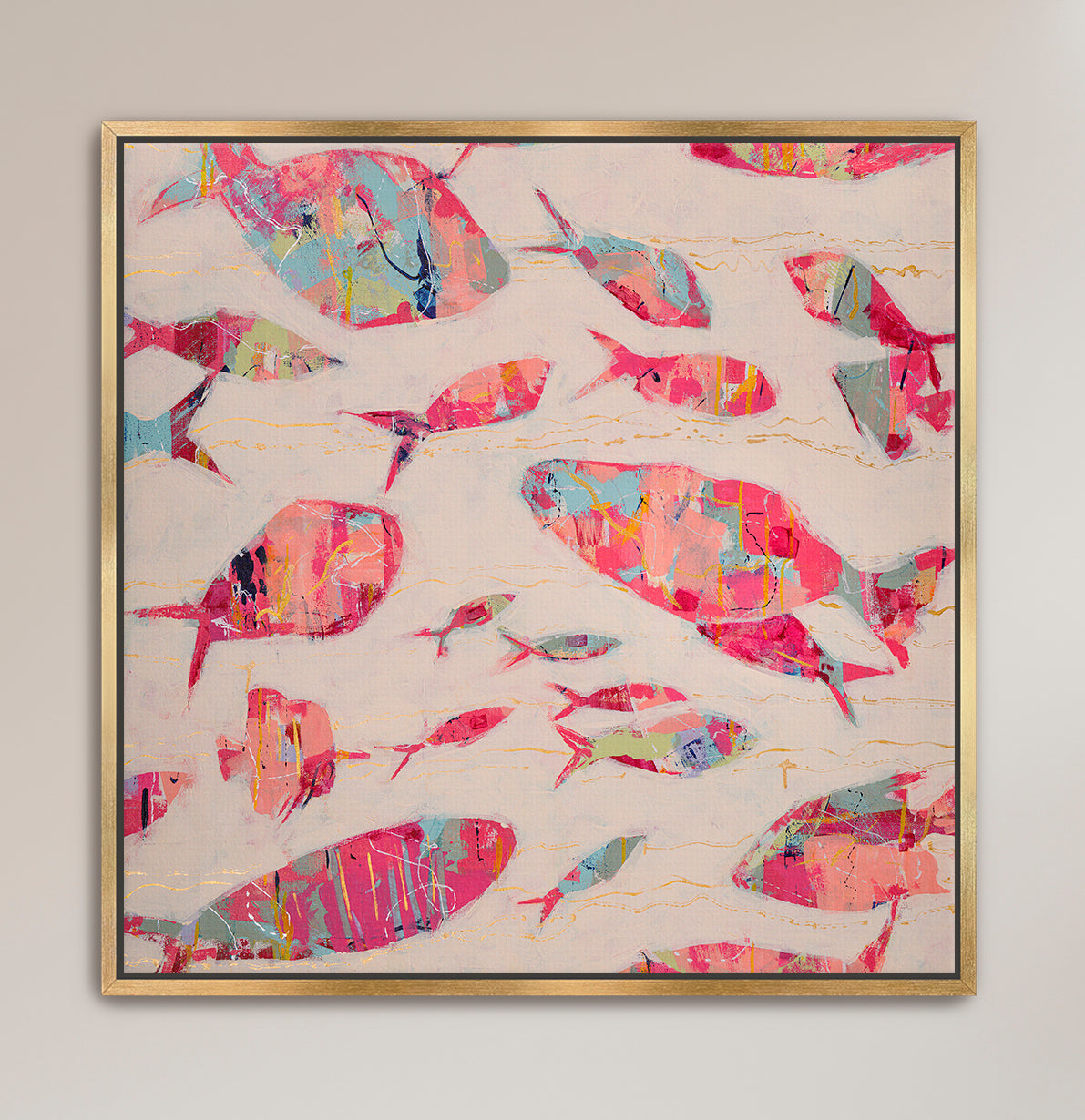 Abstract marine life painting with layered brushwork and warm coastal palette