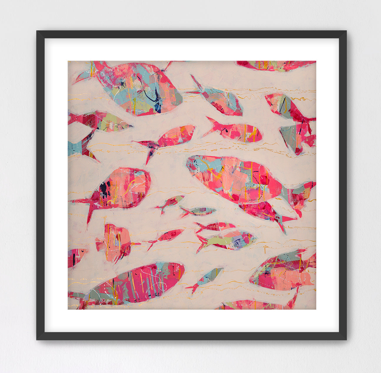 Abstract fish painting in coral, blush, and aqua tones with modern coastal style