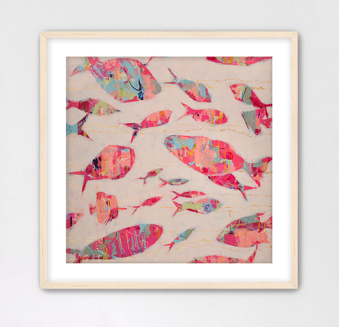 Contemporary coastal artwork featuring abstract fish in warm pink and blue hues