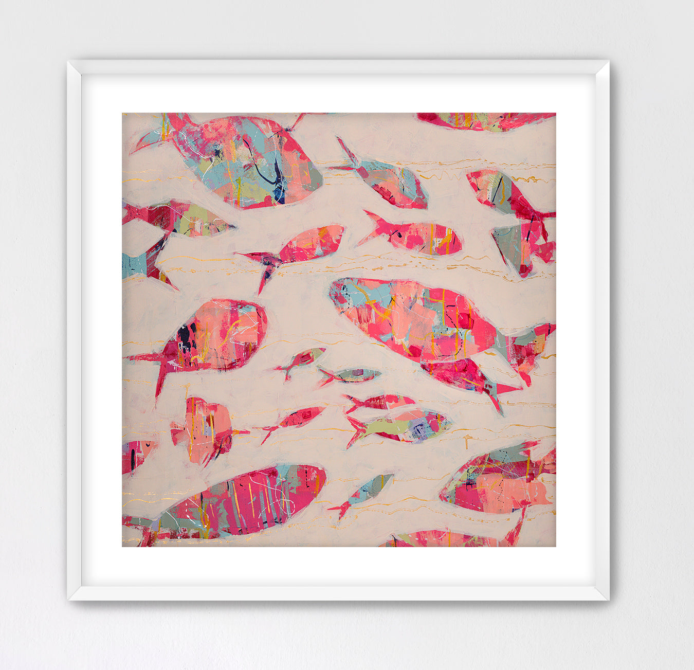 Modern abstract fish painting with layered coral, teal, and ivory palette