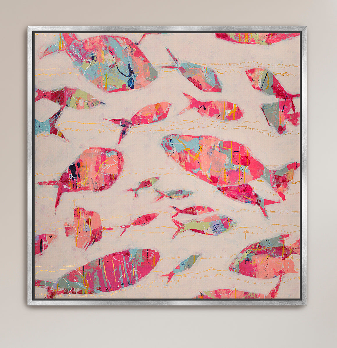 Modern abstract fish artwork in blush, coral, and aqua tones