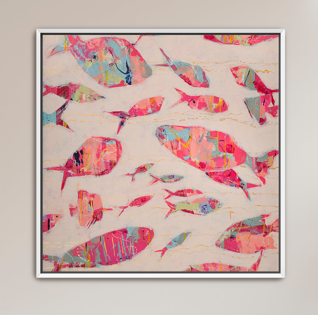 Coastal-inspired contemporary painting with expressive abstract fish forms