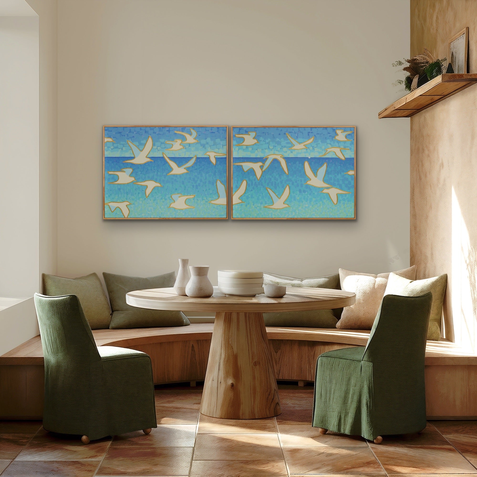Luxury coastal wall art diptych featuring seagulls in flight over turquoise and sky blue sea, contemporary ocean décor. 