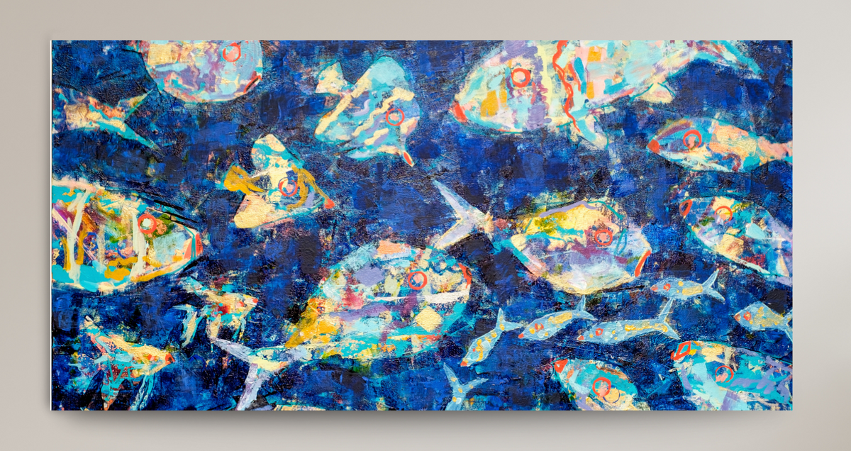 An abstract square art print depicting a school of fish swimming underwater, rendered in shades of blue, teal, and black with textured paint details.