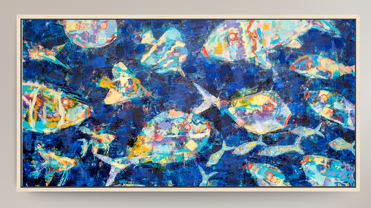 An abstract square art print depicting a school of fish swimming underwater, rendered in shades of blue, teal, and black with textured paint details.
