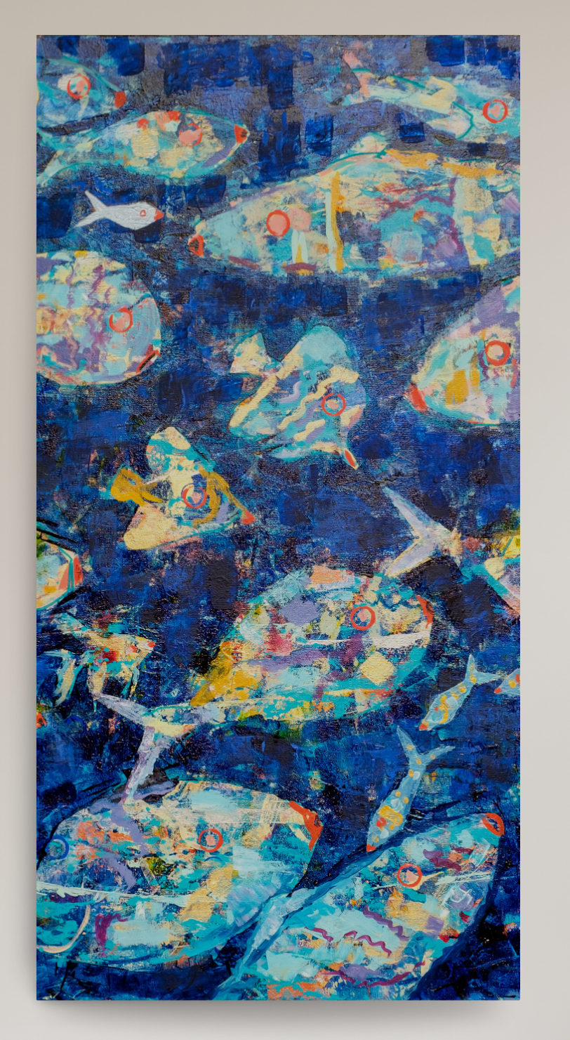 An abstract painting depicting a school of fish swimming underwater, rendered in textured layers of deep blue, light blue, white, and yellow accents.
