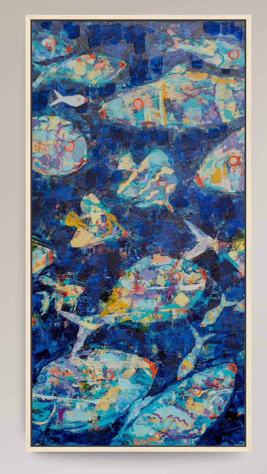 A large vertical abstract canvas painting featuring blue, teal, and gold fish-like forms, displayed on a light beige wall.