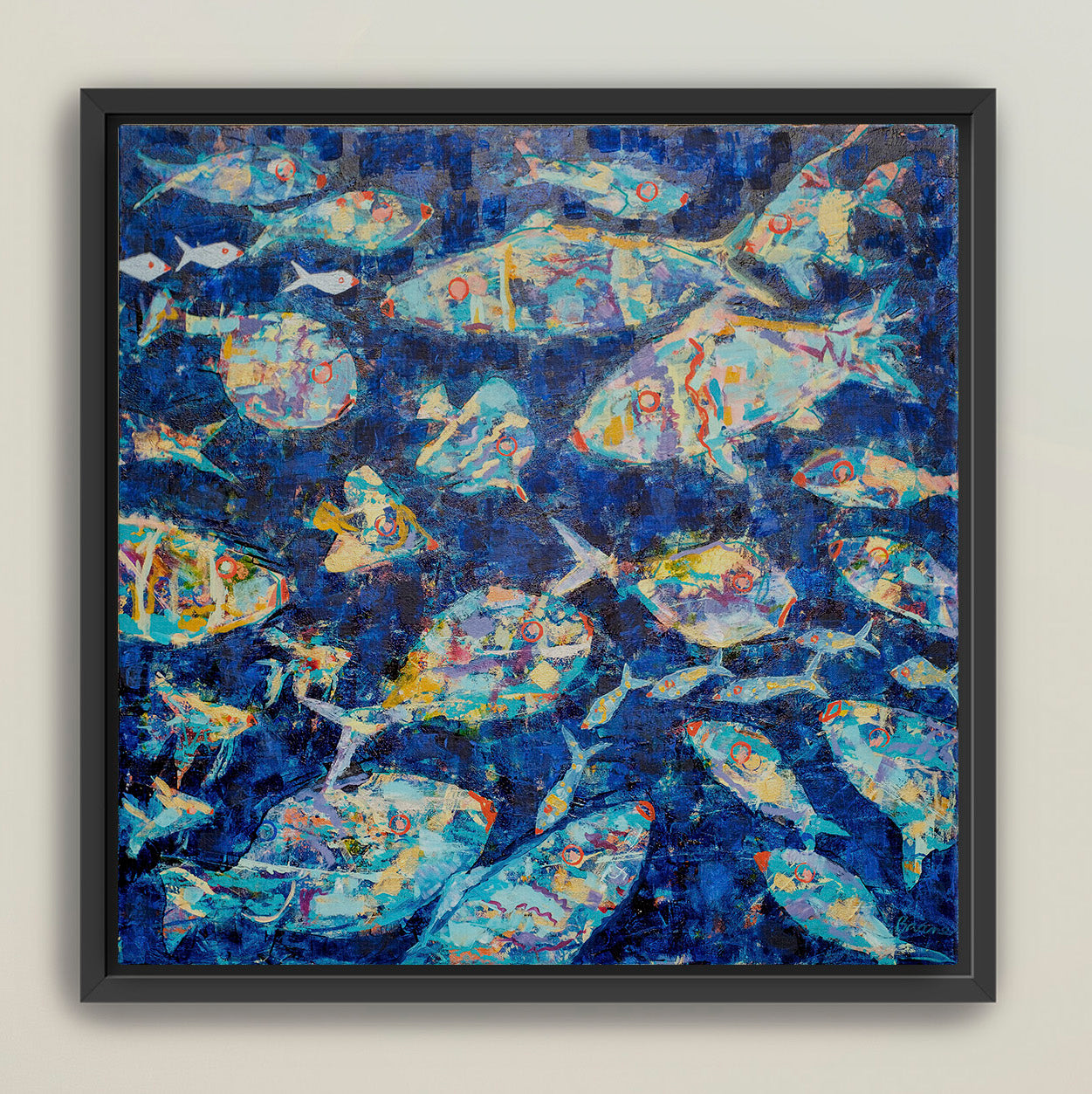 Underwater Wonderland framed coastal fish canvas in rich blue tones