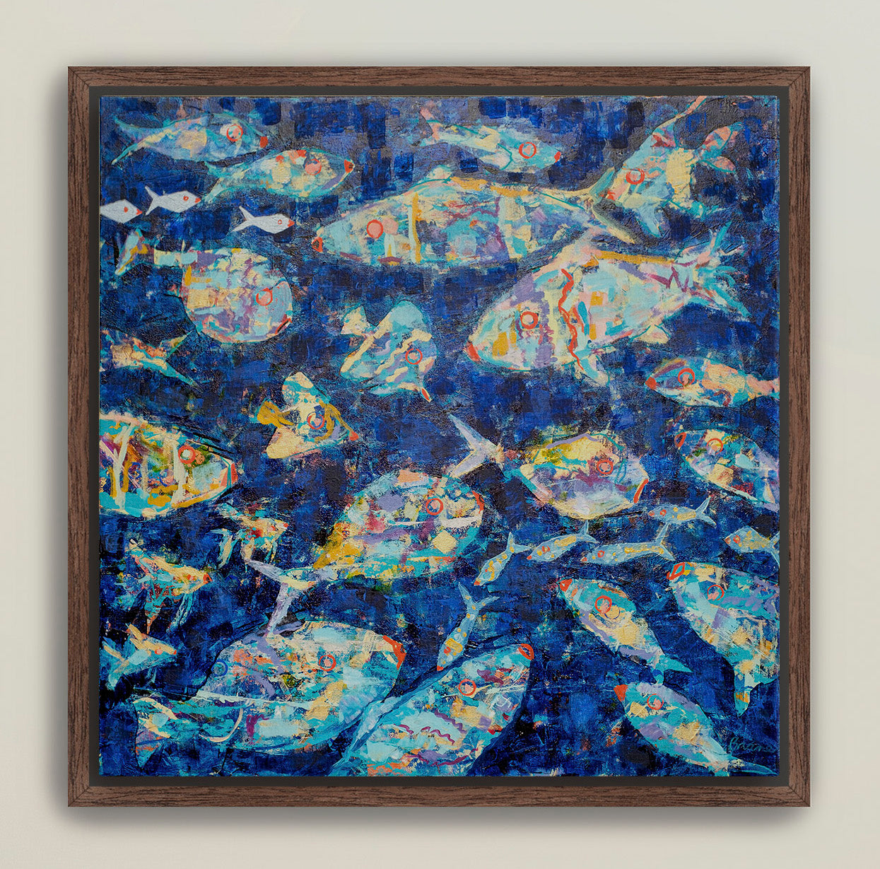 Colorful coastal fish artwork in rich blues and pastels”