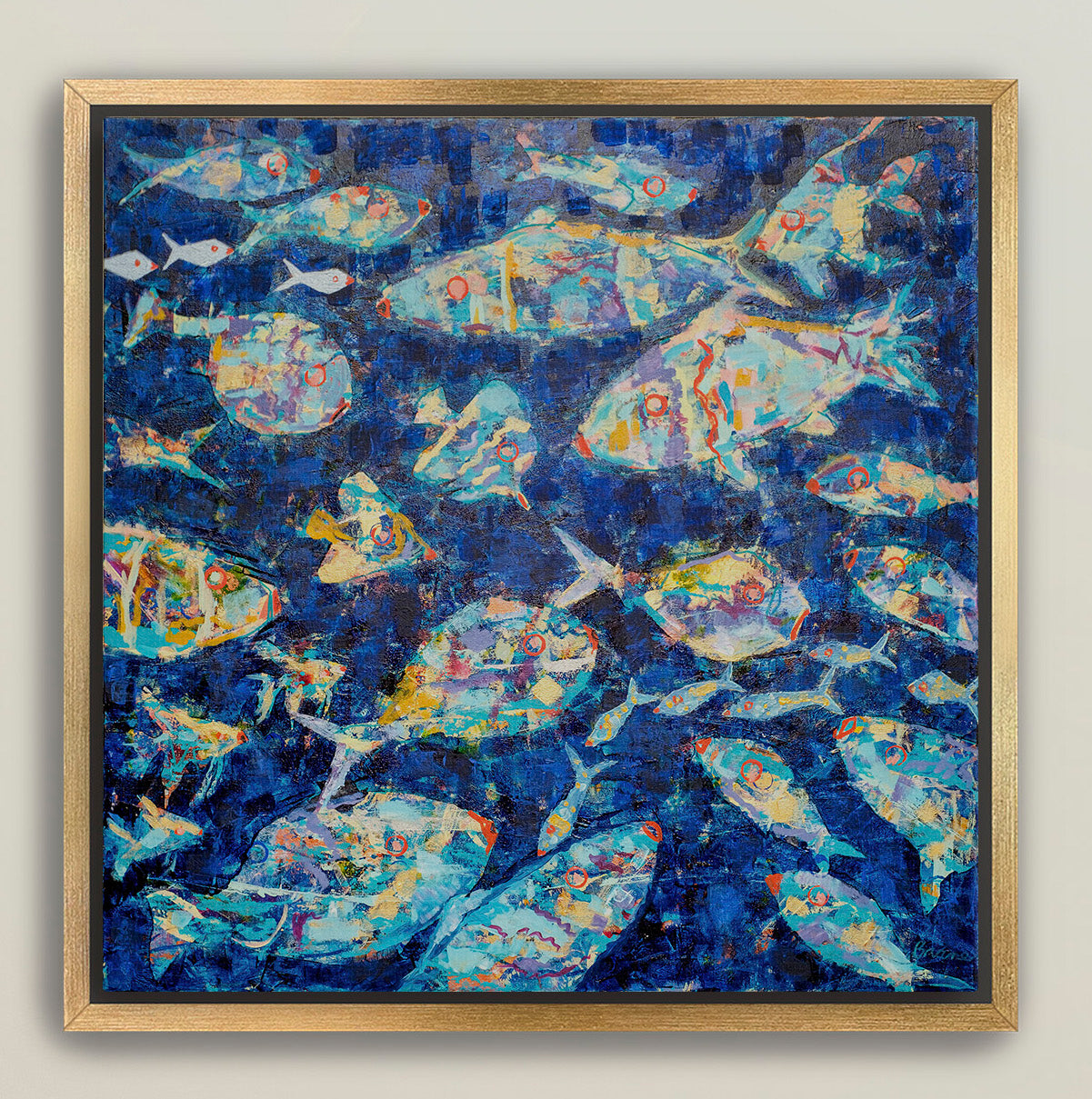 Colorful marine giclée canvas with layered abstract fish shapes