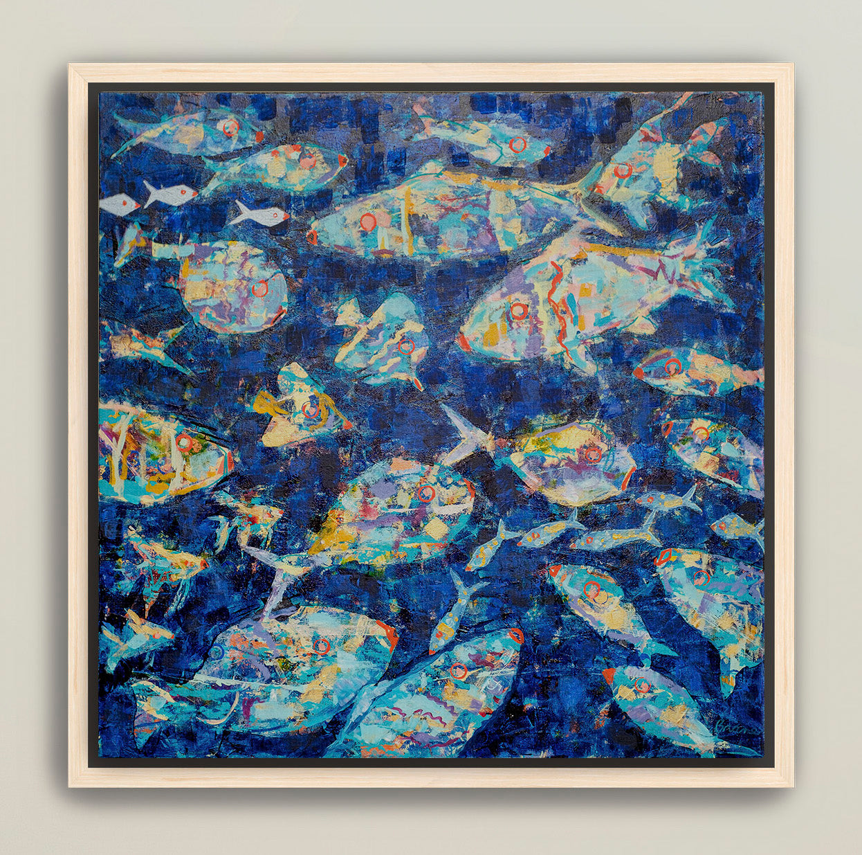 Contemporary coastal canvas with expressive collage-style fish