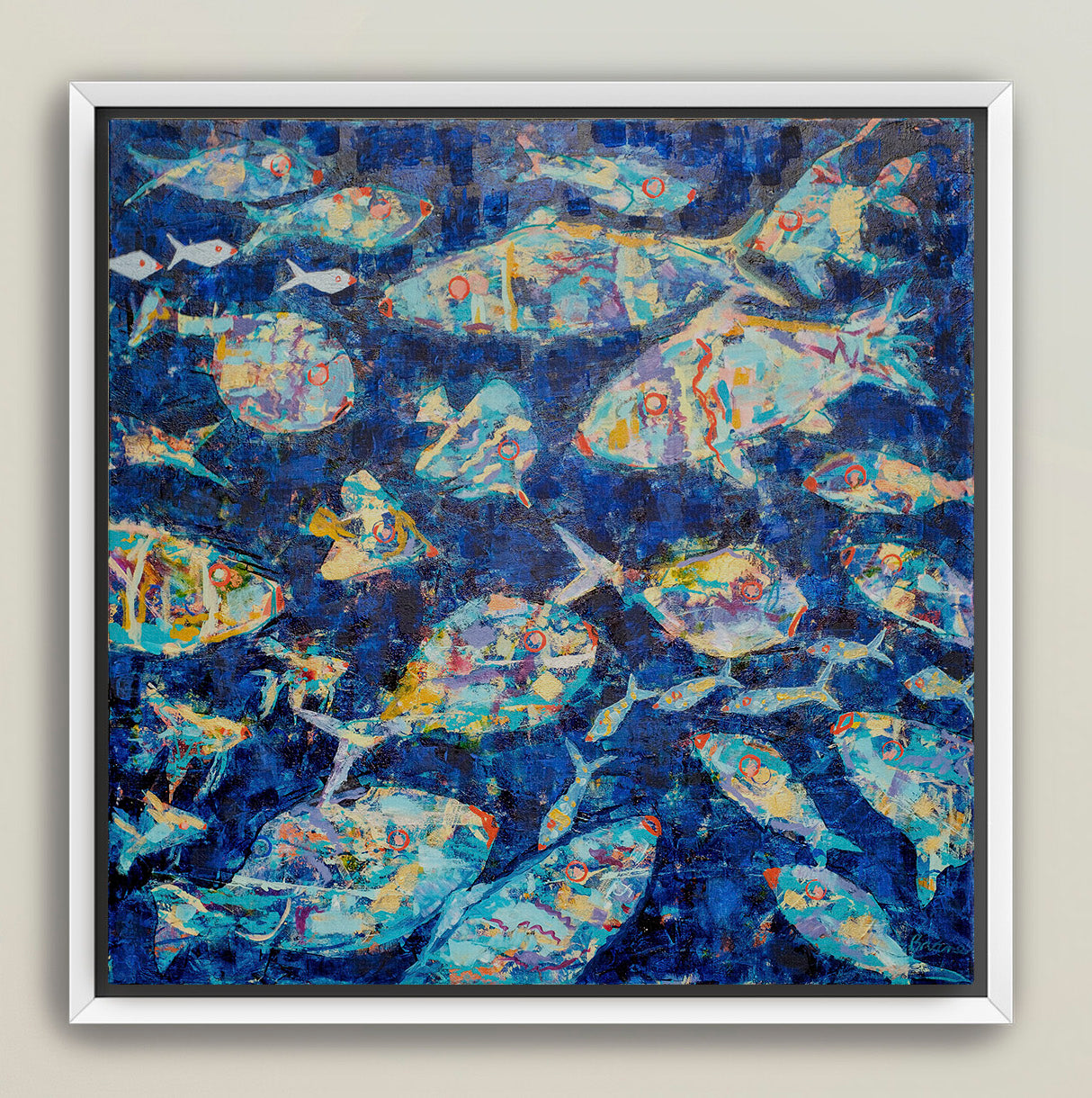 Modern ocean-themed artwork in indigo and multicolor texture