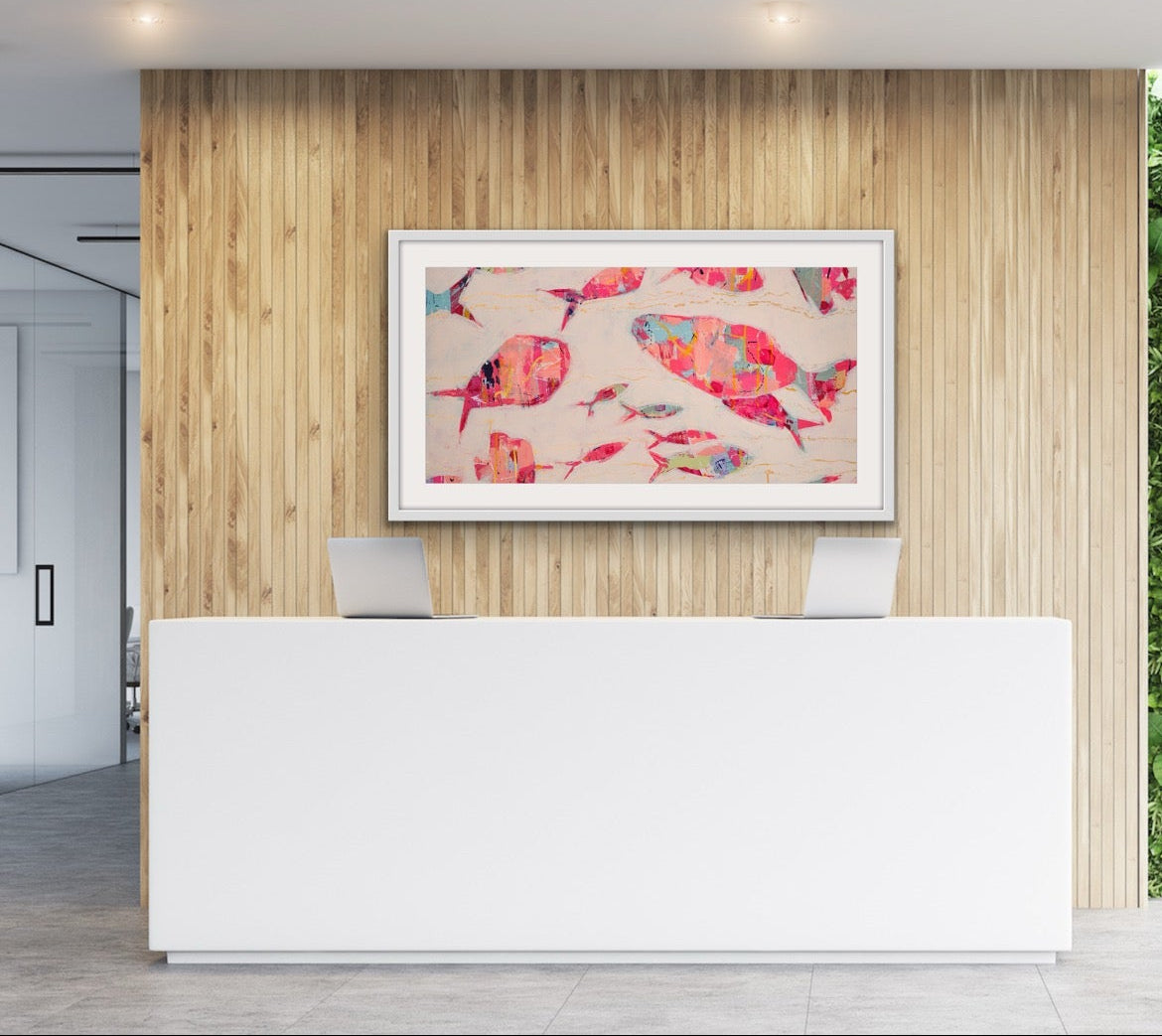 Modern office reception area with a white desk  and coral fish abstract print under acrylic glazing on cotton rag on the wall.